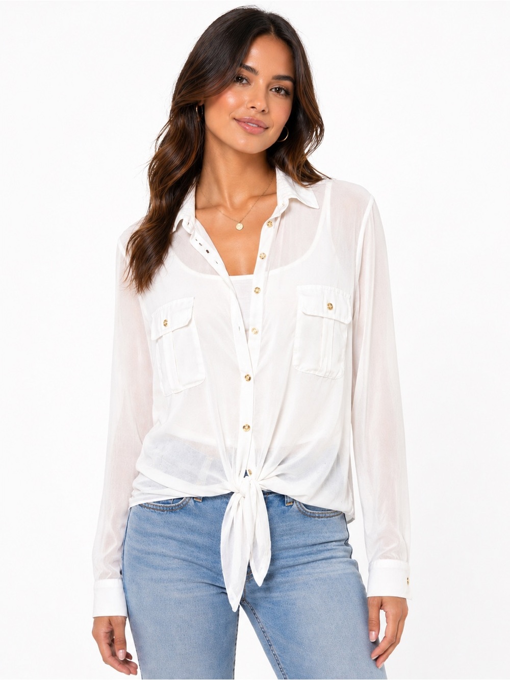 Bebe White Sheer Button Down Blouse + Tank Set | Tie Front | Size S Coastal